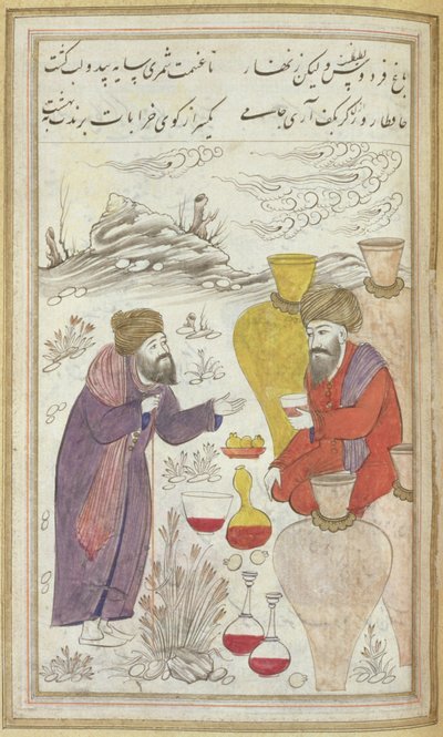 Een Man Leunend op een Stok Praat met een Man Omringd door Grote Potten, Flessen Wijn Staan voor Hem, uit Divan van Hafiz door Mughal School